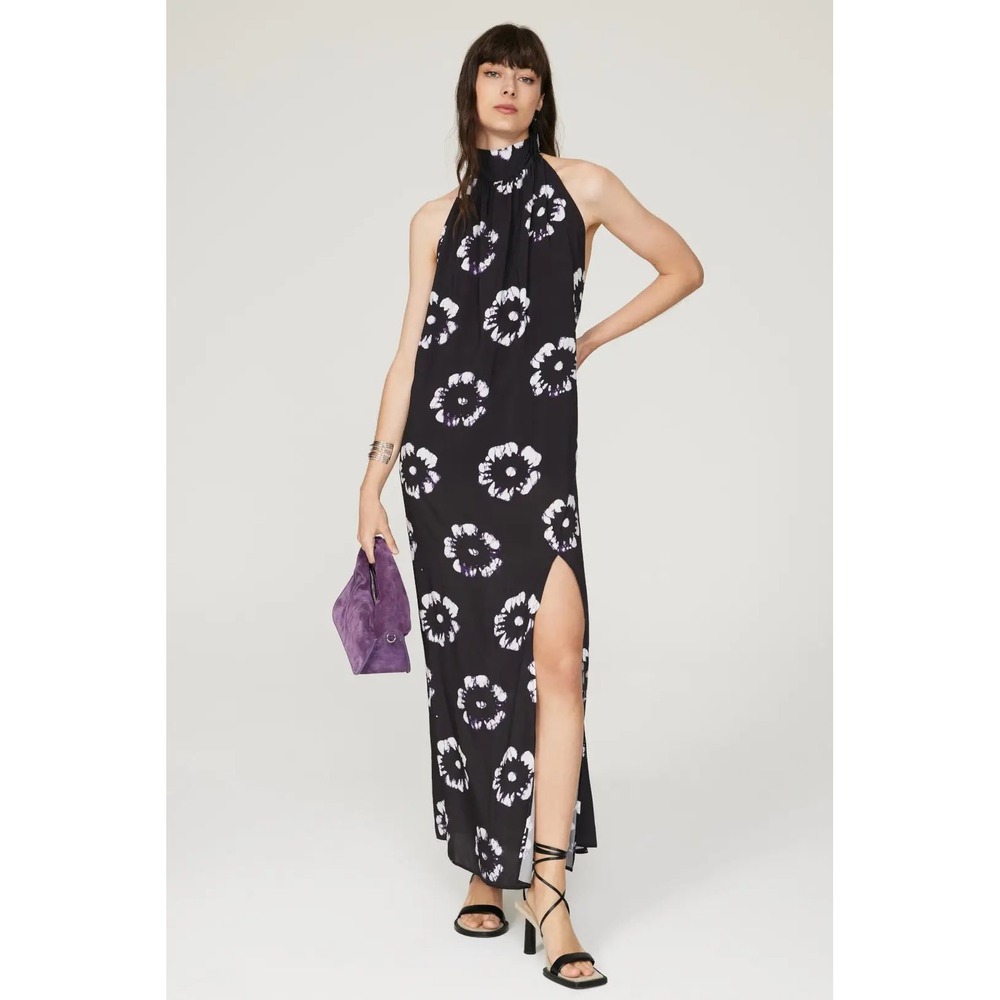 Busayo Collective Floral Halter Maxi Dress Black Purple Batik Slit Small e5